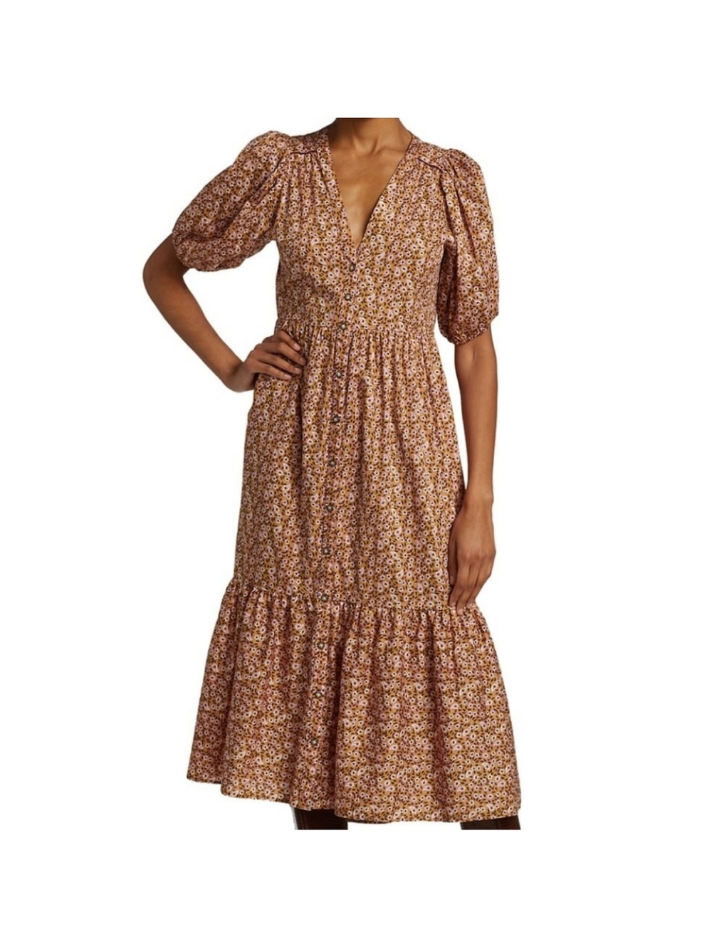 XIRENA Lennox Dress Honeysuckle Puff Sleeve Button Front Midi Brown Sz S - Picture 15 of 15